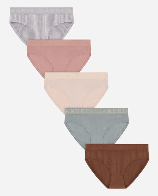 Group View of Danskin Coco Kiss Multicolor 5-Pack Ribbed Bikini Underwear | DSK COCO KISS MULTICOLOR