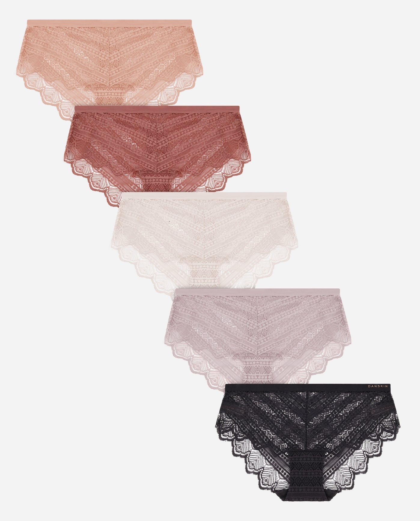 Group View of Danskin Clay Rose Multicolor 5-Pack Lace Hipster Underwear | DSK CLAY ROSE MULTICOLOR