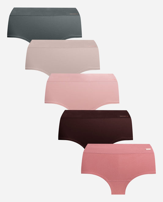 Group View of Danskin Ambered Coral Multicolor 5-Pack Seamless Ribbed Hipster Underwear | DSK AMBERED CORAL MULTICOLOR