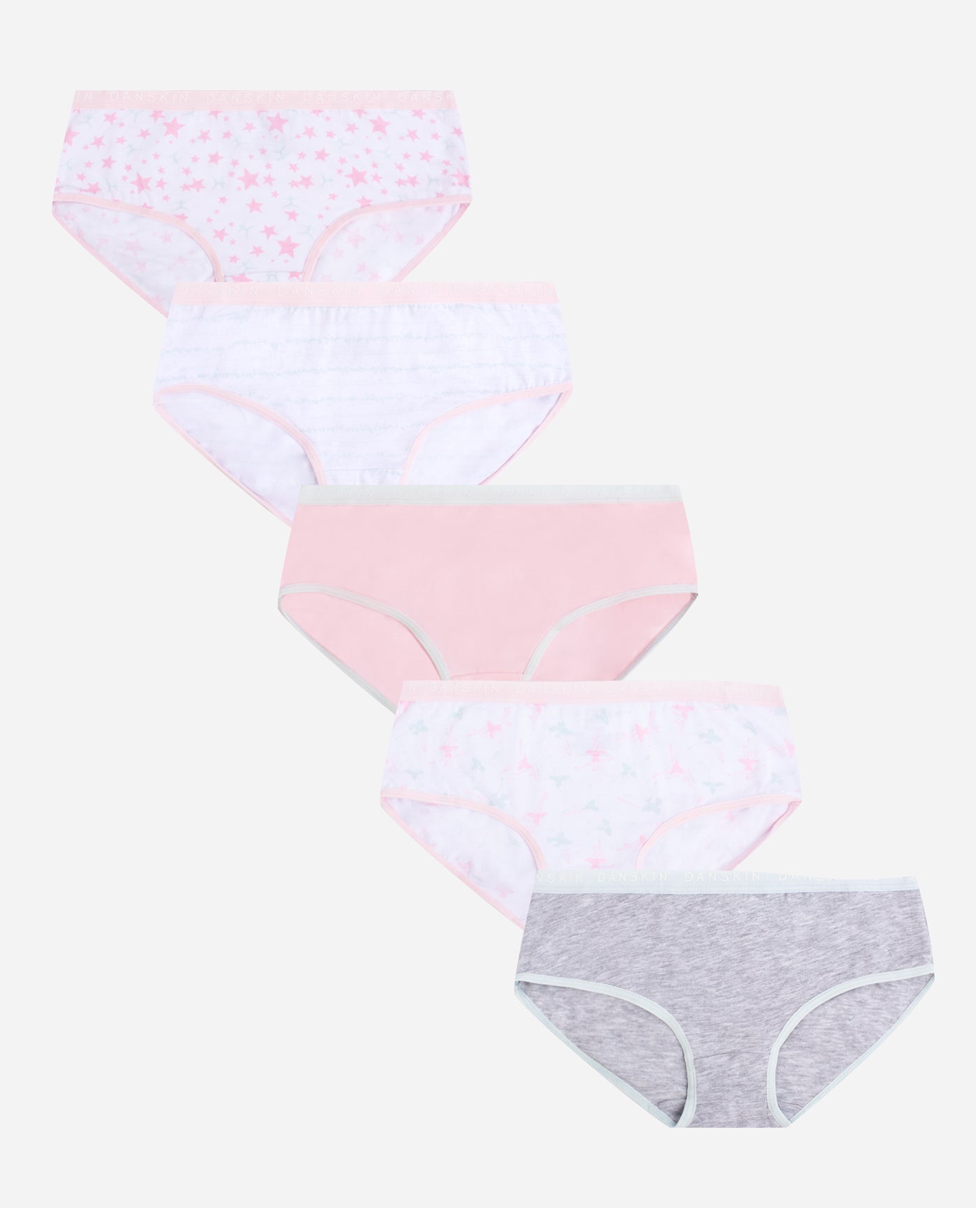 Front View Of Danskin Ballerina Multi Girls 5-Pack Printed Cotton Spandex Bikini Underwear | DSK BALLERINA MULTI