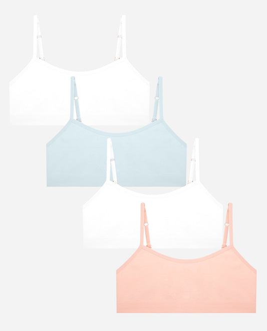 Group View of Danskin Peach Puree Multicolor Girls 4-Pack Seamless Unpadded Bralette | DSK PEACH PUREE MULTICOLOR