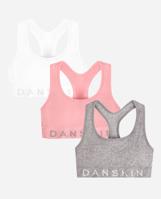 Group View of Danskin Mini Rose Multicolor Girls 3-Pack Seamless Racerback Bra | DSK MINI ROSE MULTICOLOR