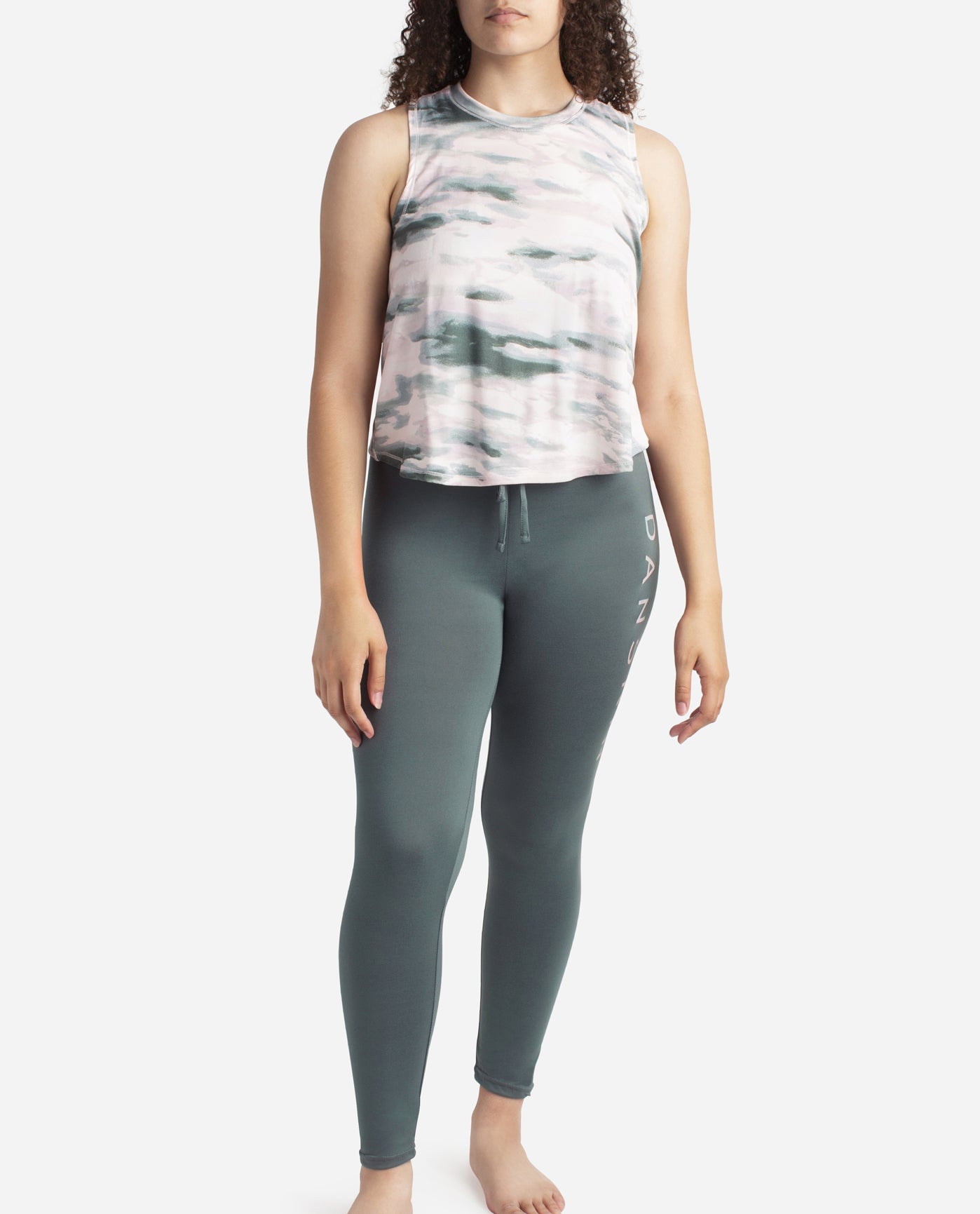 Front View of Danskin Misty Jade Multi High Neck Tank Sleep Set With Leggings | DSK MISTY JADE MULTI