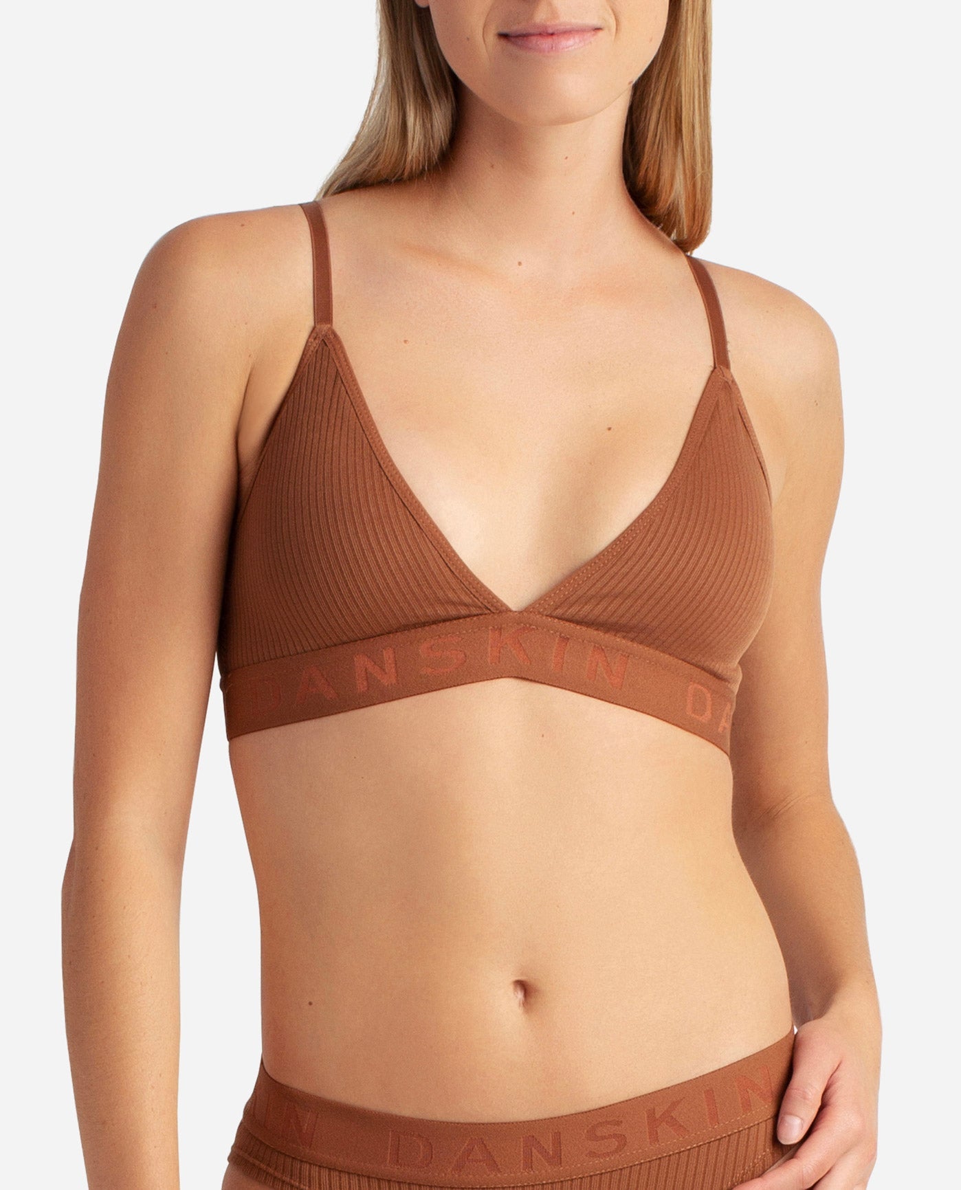 Front View of Danskin Sienna Amber Multicolor 3-Pack Ribbed Seamless Bralette | DSK SIENNA AMBER MULTICOLOR