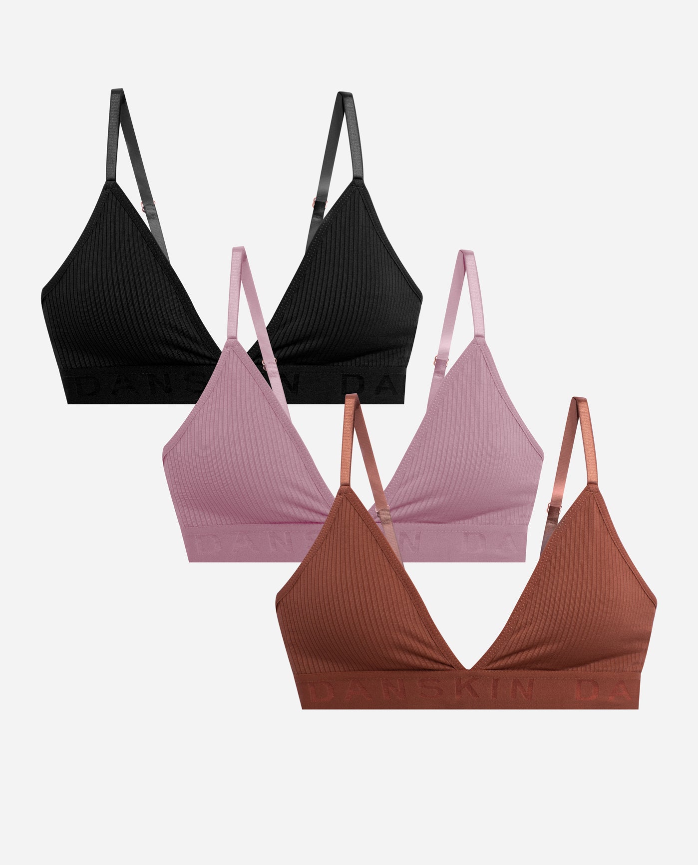 Group View of Danskin Sienna Amber Multicolor 3-Pack Ribbed Seamless Bralette | DSK SIENNA AMBER MULTICOLOR