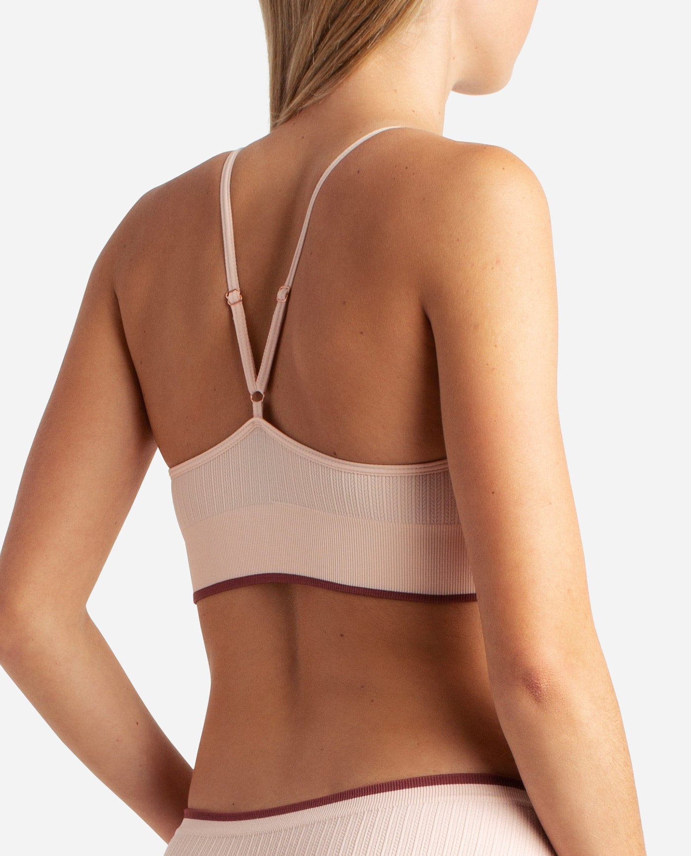 Back View of Danskin Pink Earth Multicolor 3-Pack Seamless Braid Texture Bralette With Contrast Line | DSK PINK EARTH MULTICOLOR