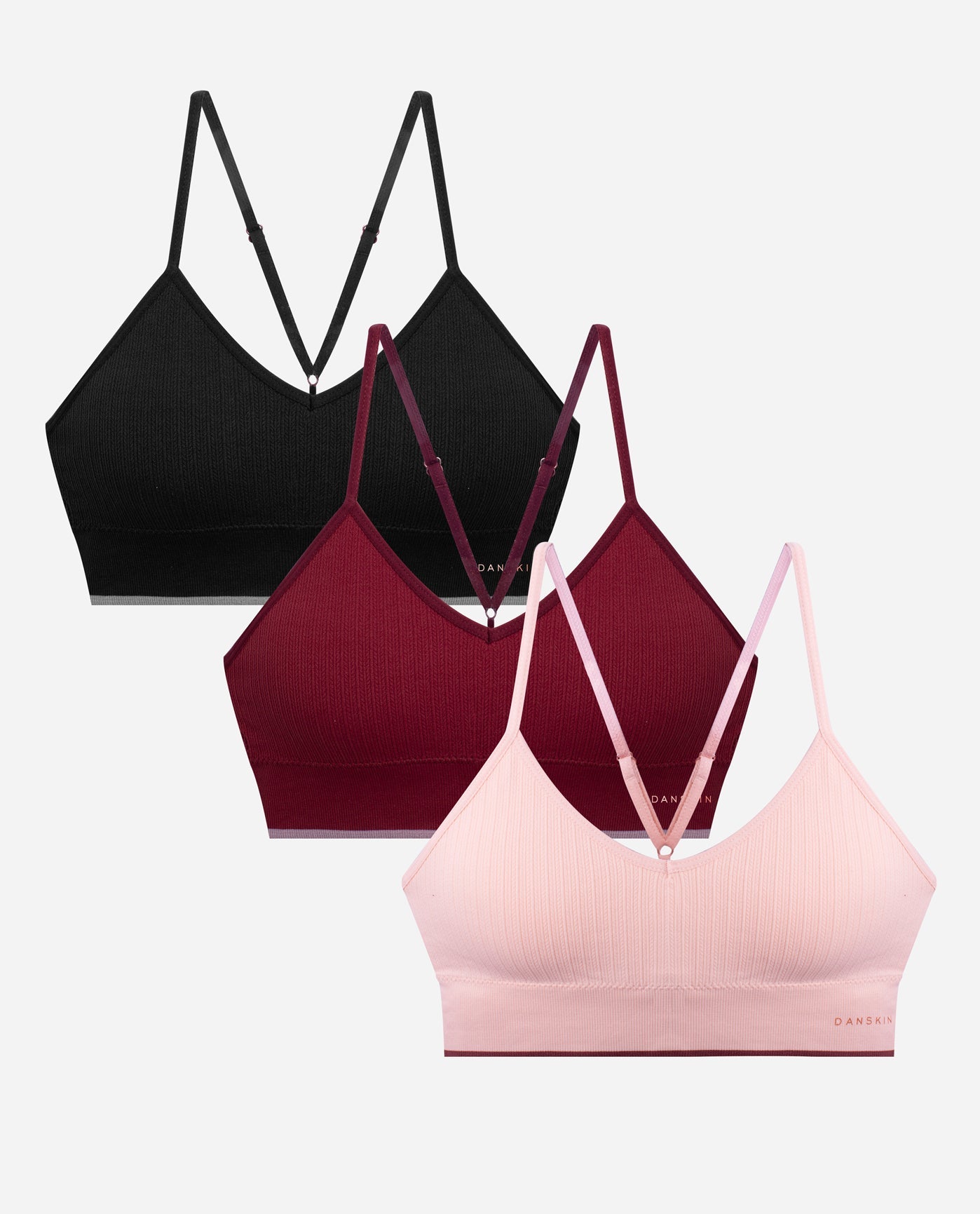 Group View of Danskin Pink Earth Multicolor 3-Pack Seamless Braid Texture Bralette With Contrast Line | DSK PINK EARTH MULTICOLOR