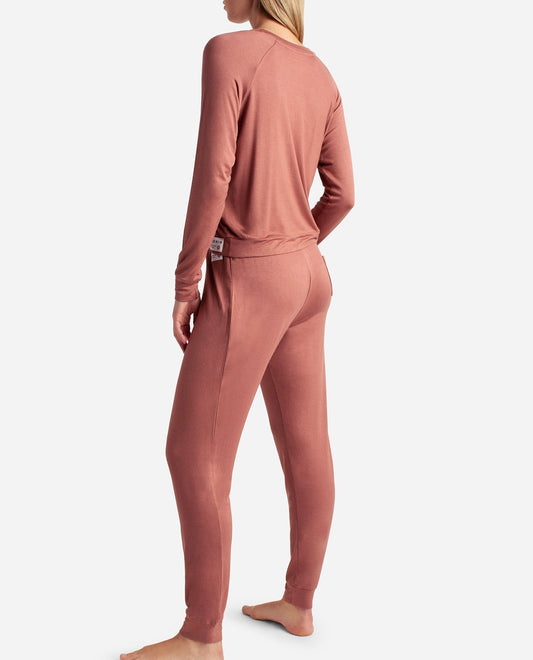 Back View of Danskin Tahitian Tan Raglan Sleeve Crew Neck Sleep Set With Jogger | DSK TAHITIAN TAN