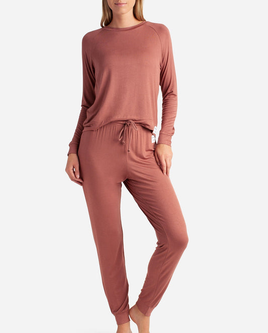 Front View of Danskin Tahitian Tan Raglan Sleeve Crew Neck Sleep Set With Jogger | DSK TAHITIAN TAN