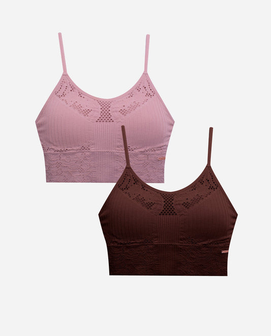 Group View of Danskin Desert And True Brunette 2-Pack Crochet Seamless Bralette | DSK DESERT AND TRUE BRUNETTE