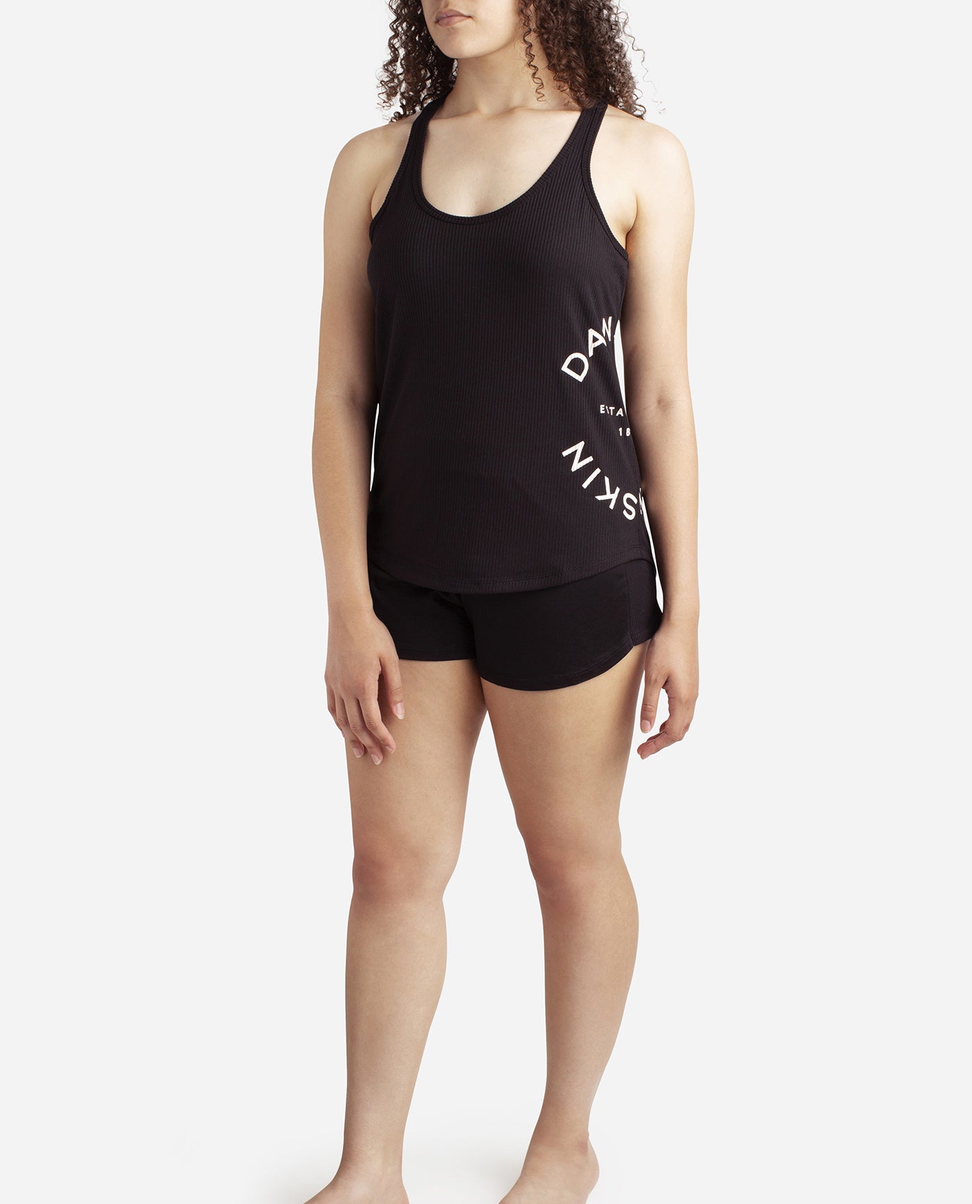 Front View of Danskin Black Racerback Tank Sleep Set With Shorts | DSK BLACK
