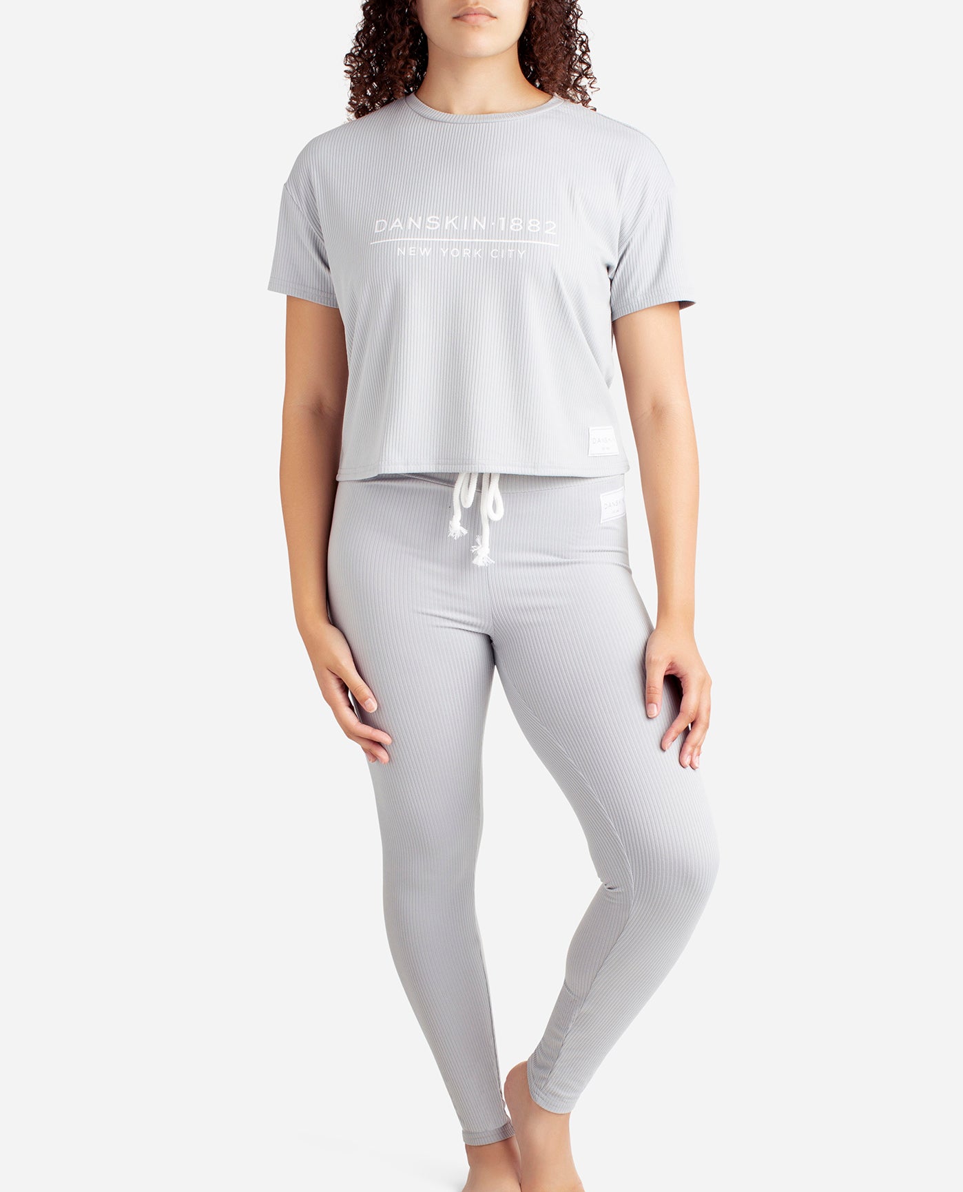 Front View of Danskin Rainstorm Ribbed Boxy Raglan Tee Sleep Set With High Waisted Leggings | DSK RAINSTORM