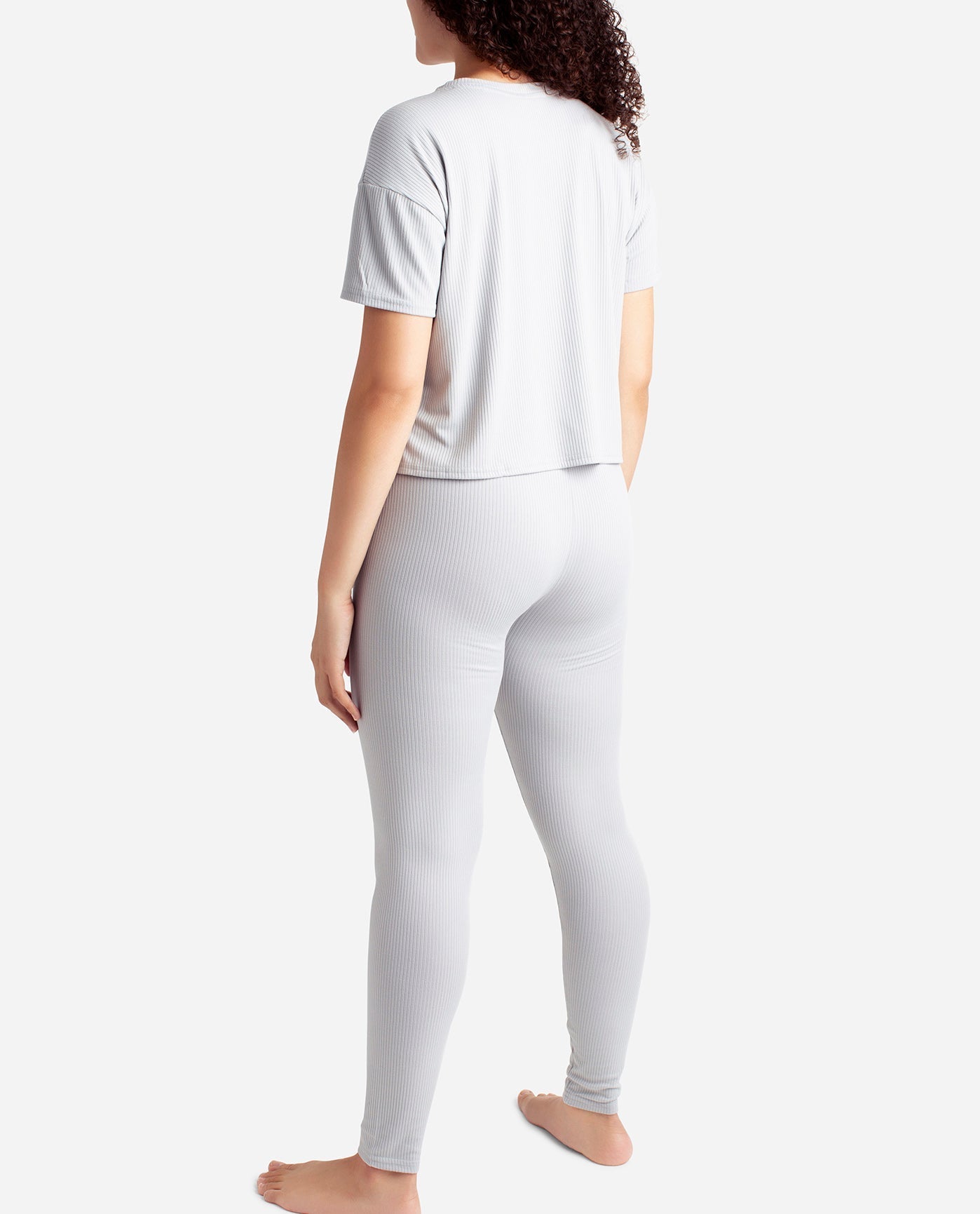 Back View of Danskin Rainstorm Ribbed Boxy Raglan Tee Sleep Set With High Waisted Leggings | DSK RAINSTORM