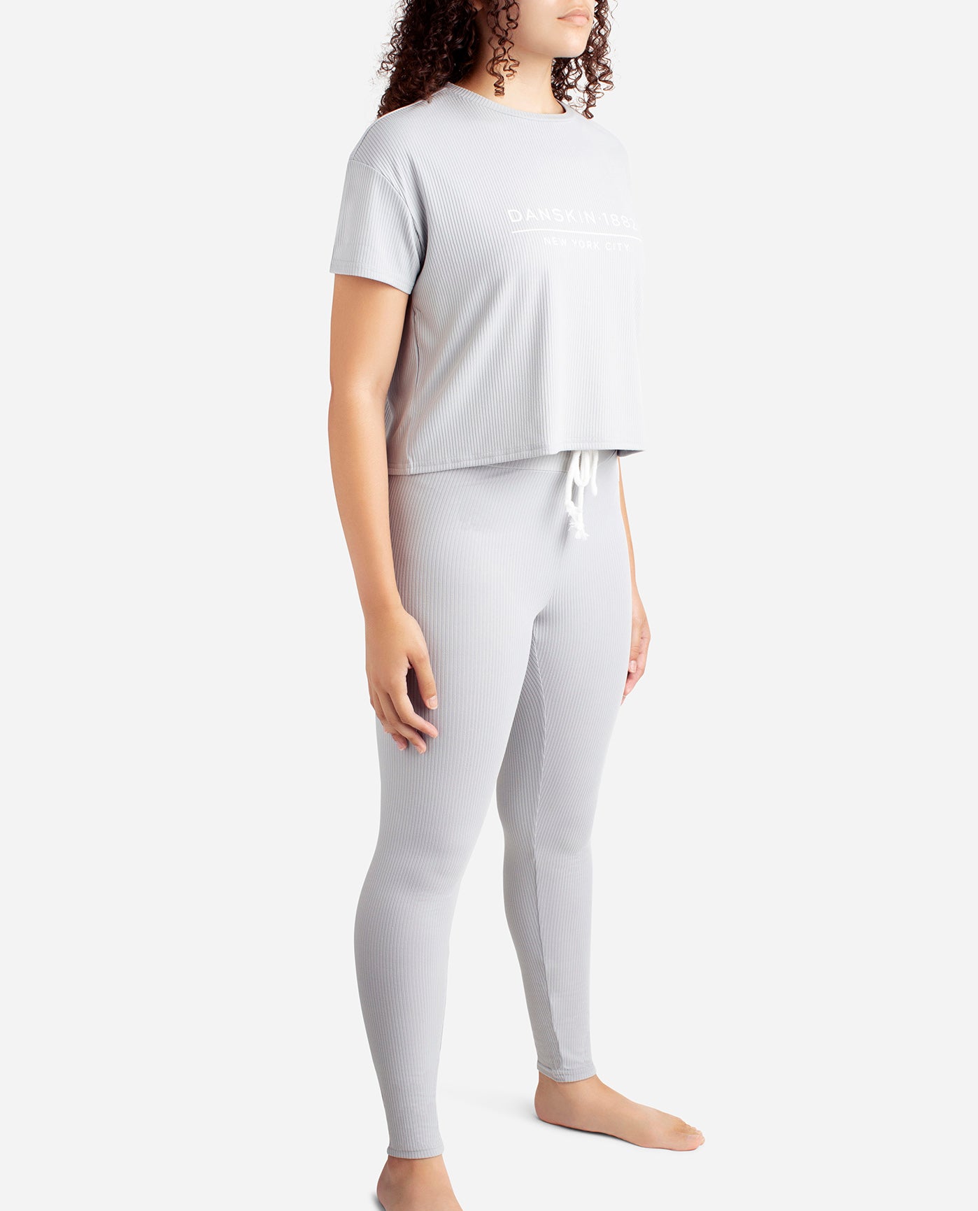 Side View of Danskin Rainstorm Ribbed Boxy Raglan Tee Sleep Set With High Waisted Leggings | DSK RAINSTORM