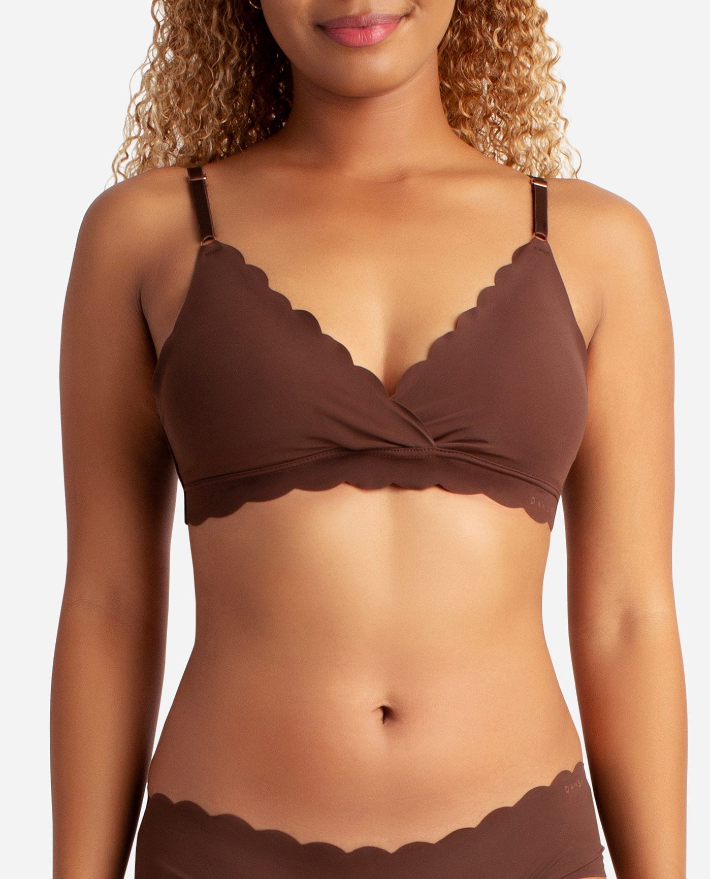 Alternate Front View of Danskin Copper Glaze And Espresso 2-Pack Laser Wire Free Bra With Scallop Edge | DSK COPPER GLAZE AND ESPRESSO