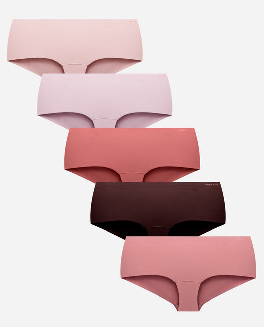 Group View of Danskin Ambered Coral Multicolor 5-Pack Brushed Microfiber Hipster Underwear | DSK AMBERED CORAL MULTICOLOR