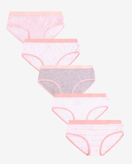Group View of Danskin Snow Pink Multicolor Girls 5-Pack Printed Hipster Underwear | DSK SNOW PINK MULTICOLOR