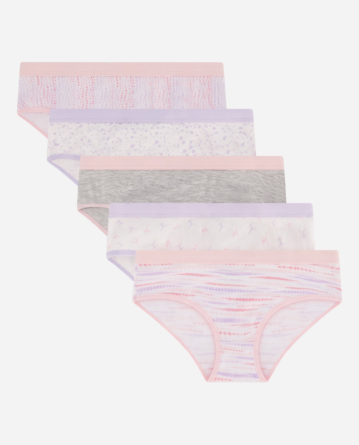 Group View  View of Danskin Lilac Stripe Multicolor Lilac Stripe Multi Girls 5-Pack Printed Underwear | DSK LILAC STRIPE MULTICOLOR