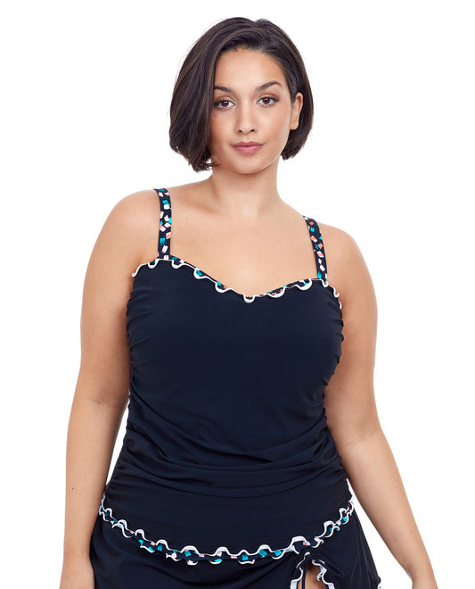 Front View Of Profile by Gottex Gin Fizz Black Plus Size Shirred Underwire Tankini Top | PRO GIN FIZZ BLACK