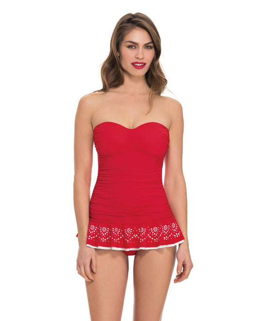 Front View of Profile By Gottex Enchantment Shirred Bandeau Laser Cut Swimdress | PRO RED