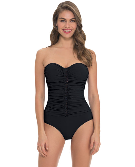Front View of Profile By Gottex Waterfall Black Shirred Bandeau One Piece Swimsuit | PRO BLACK