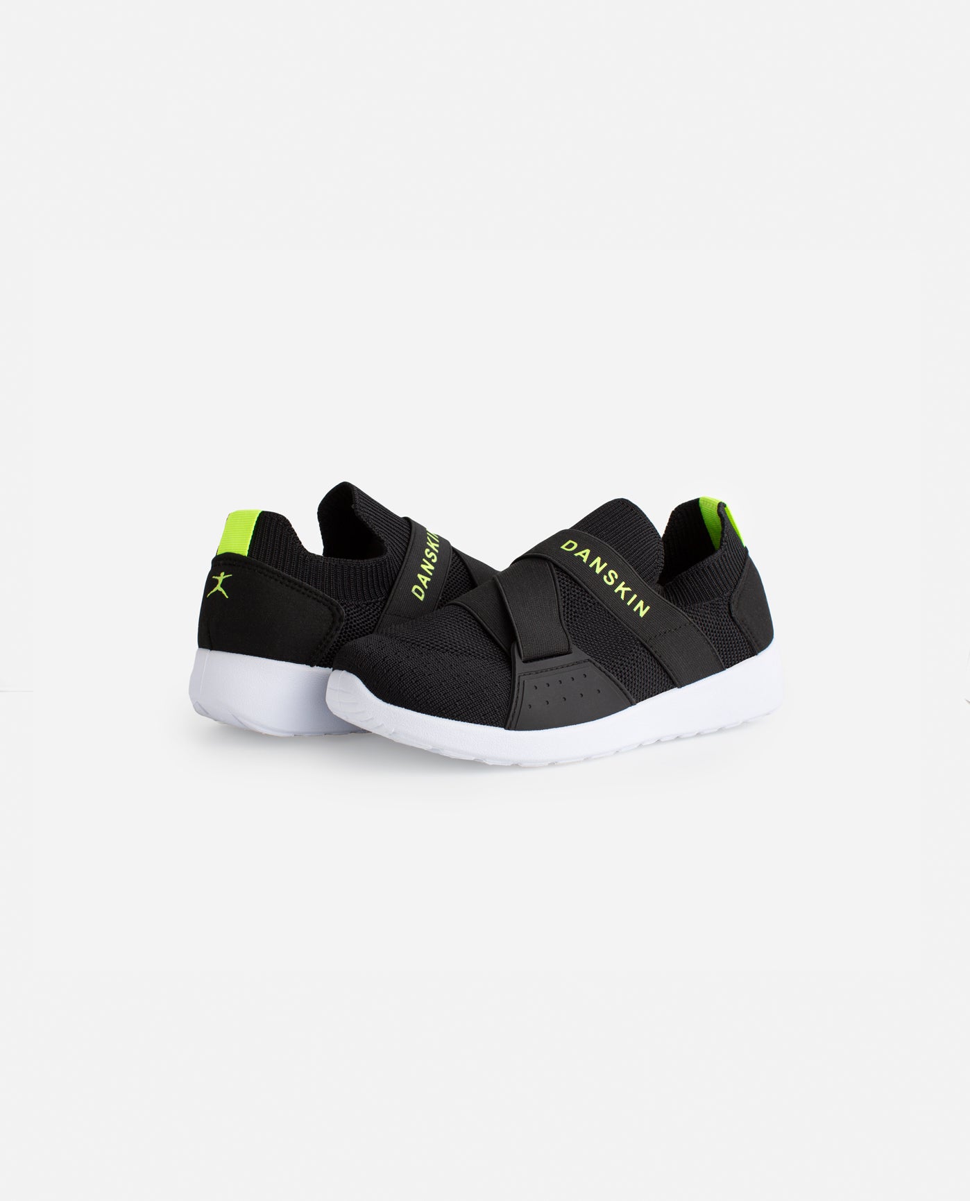 Front View of Danskin Black And Lime Girls Elite Slip On Sneaker | DSK BLACK AND LIME