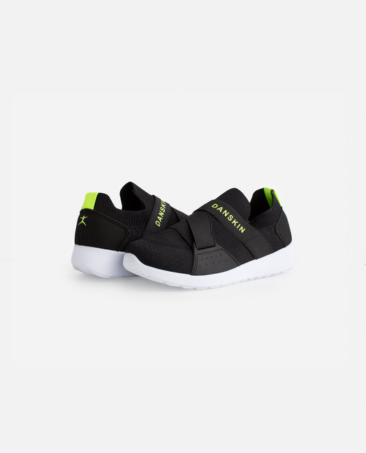 Front View of Danskin Black And Lime Girls Elite Slip On Sneaker | DSK BLACK AND LIME