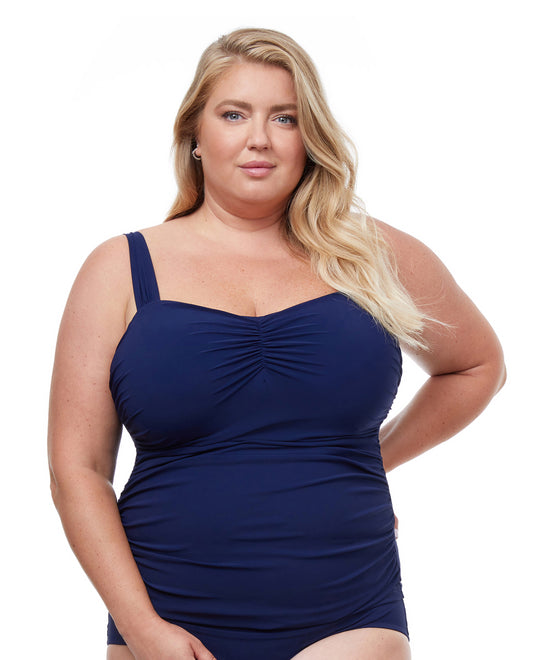 Front View Of Profile By Gottex Tutti Frutti Plus Size Sweetheart Underwire Tankini Top | Pro Tutti Frutti Navy