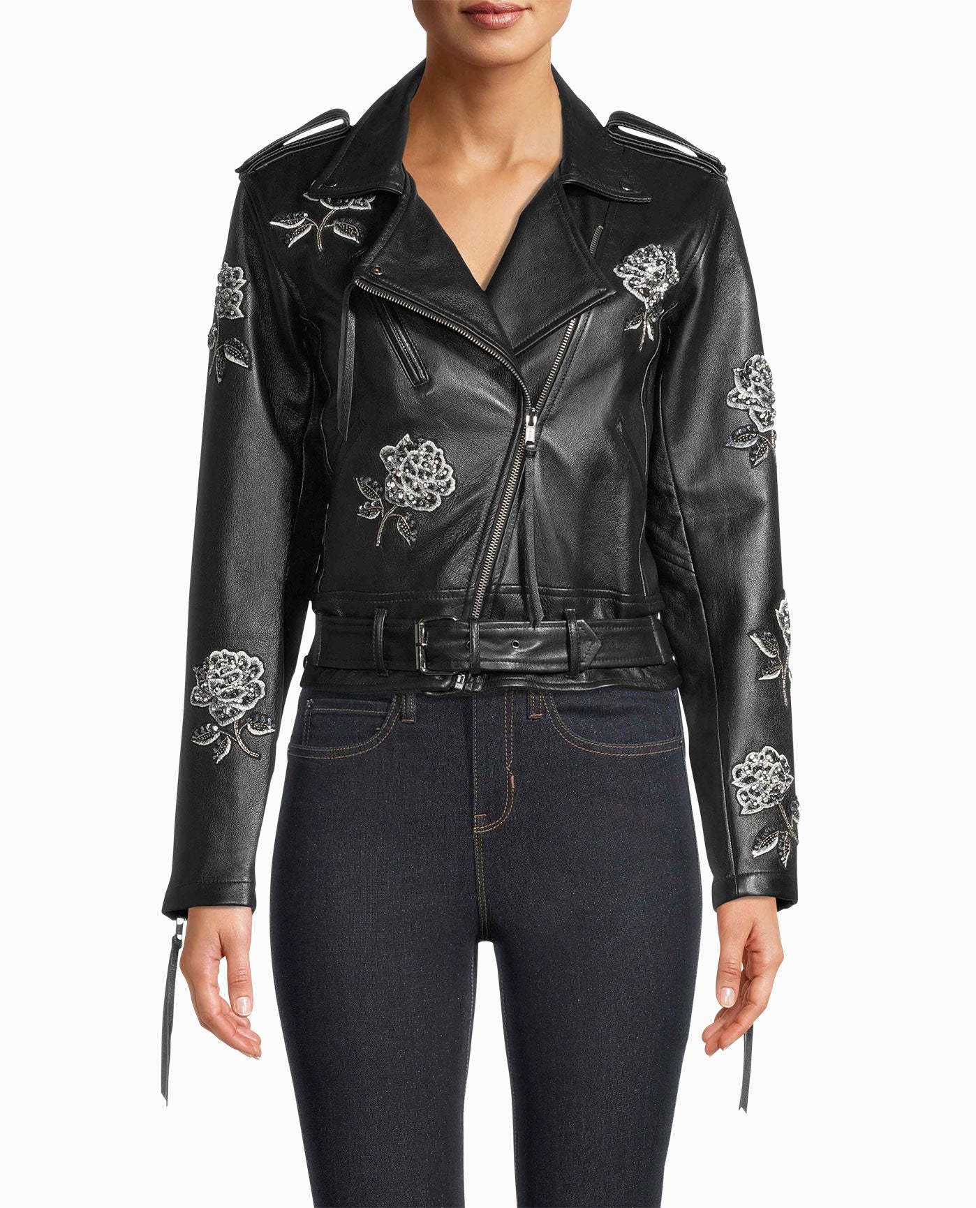 Front View Of Nicole Miller Embellished Rose Moto Jacket | NM BLACK EMBELLISHED ROSE