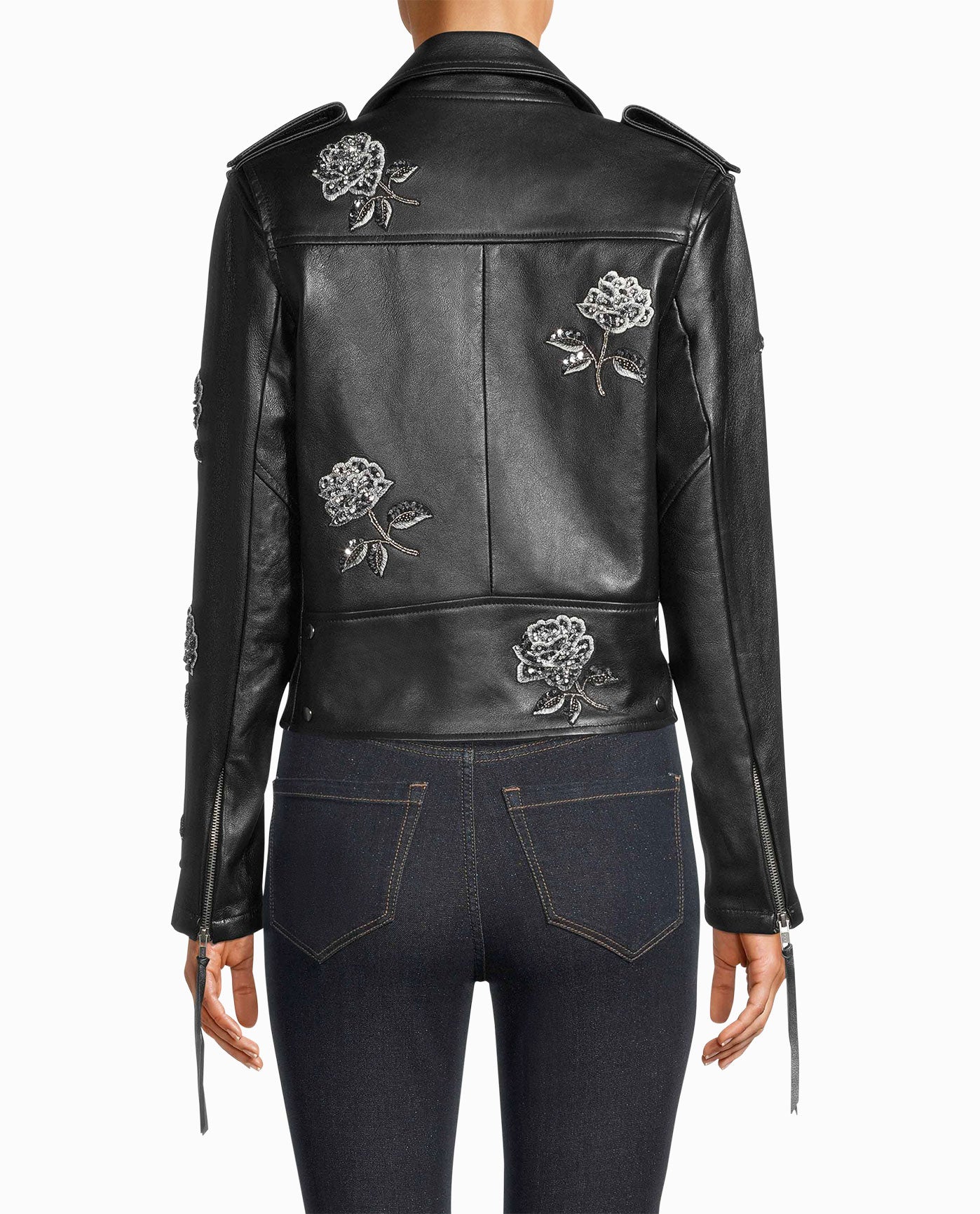 Back View Of Nicole Miller Embellished Rose Moto Jacket | NM BLACK EMBELLISHED ROSE