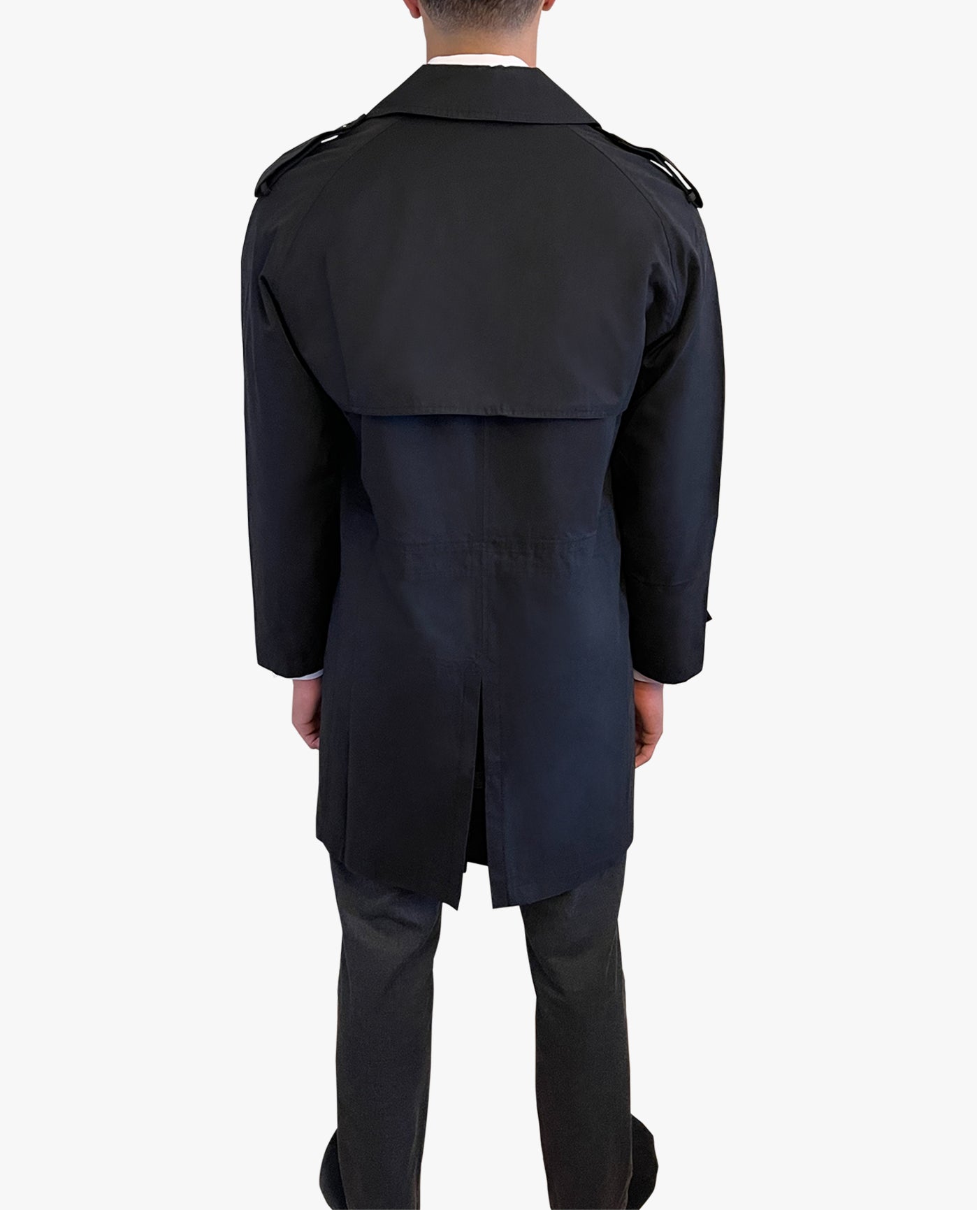 Back View of London Fog Westwood Double Breasted Trench Coat | LF BLACK