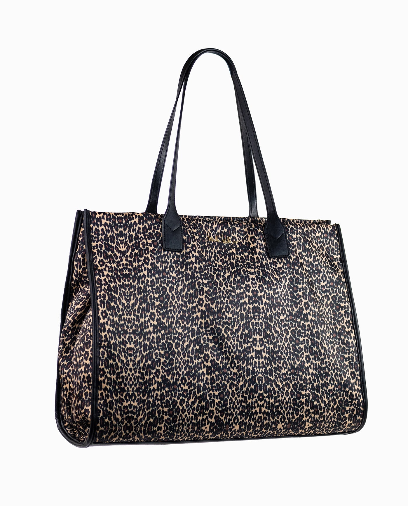 Front View of Nicole Miller Leopard Black Quilted Nylon Tote Bag | NM LEOPARD BLACK