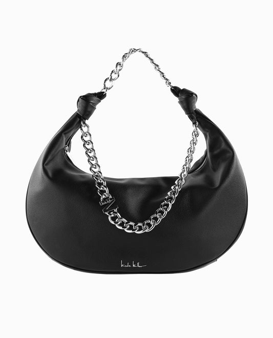 Front View Of Nicole Miller Hobo Bag | NM BLACK BEAUTY AND SILVER