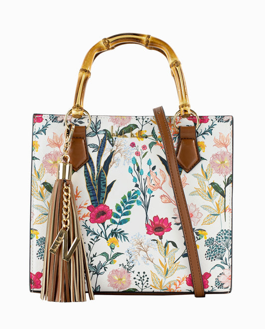 Front View Of Nicole Miller Small Tote | NM FLORAL PRINT