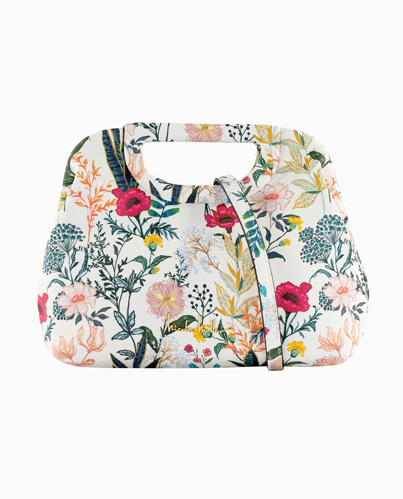 Front View Of Nicole Miller Integrated Handle Clutch | NM FLORAL PRINT