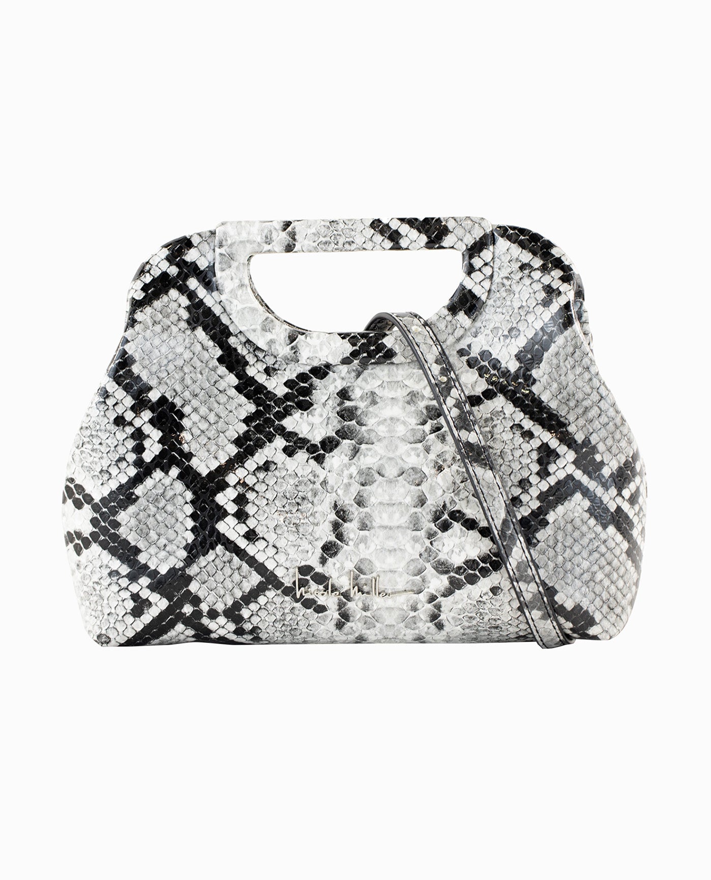 Front View Of Nicole Miller Integrated Handle Clutch | NM GREY SNAKE