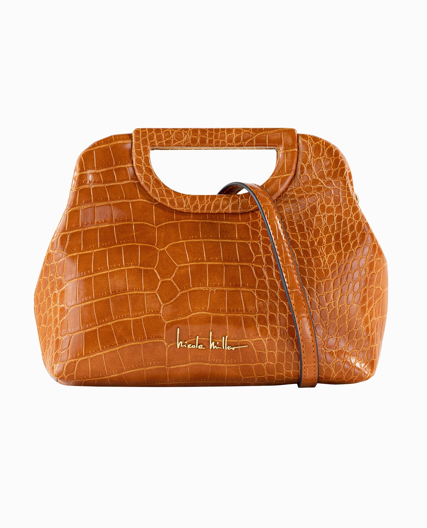 Front View Of Nicole Miller Integrated Handle Clutch | NM TAN CROCO