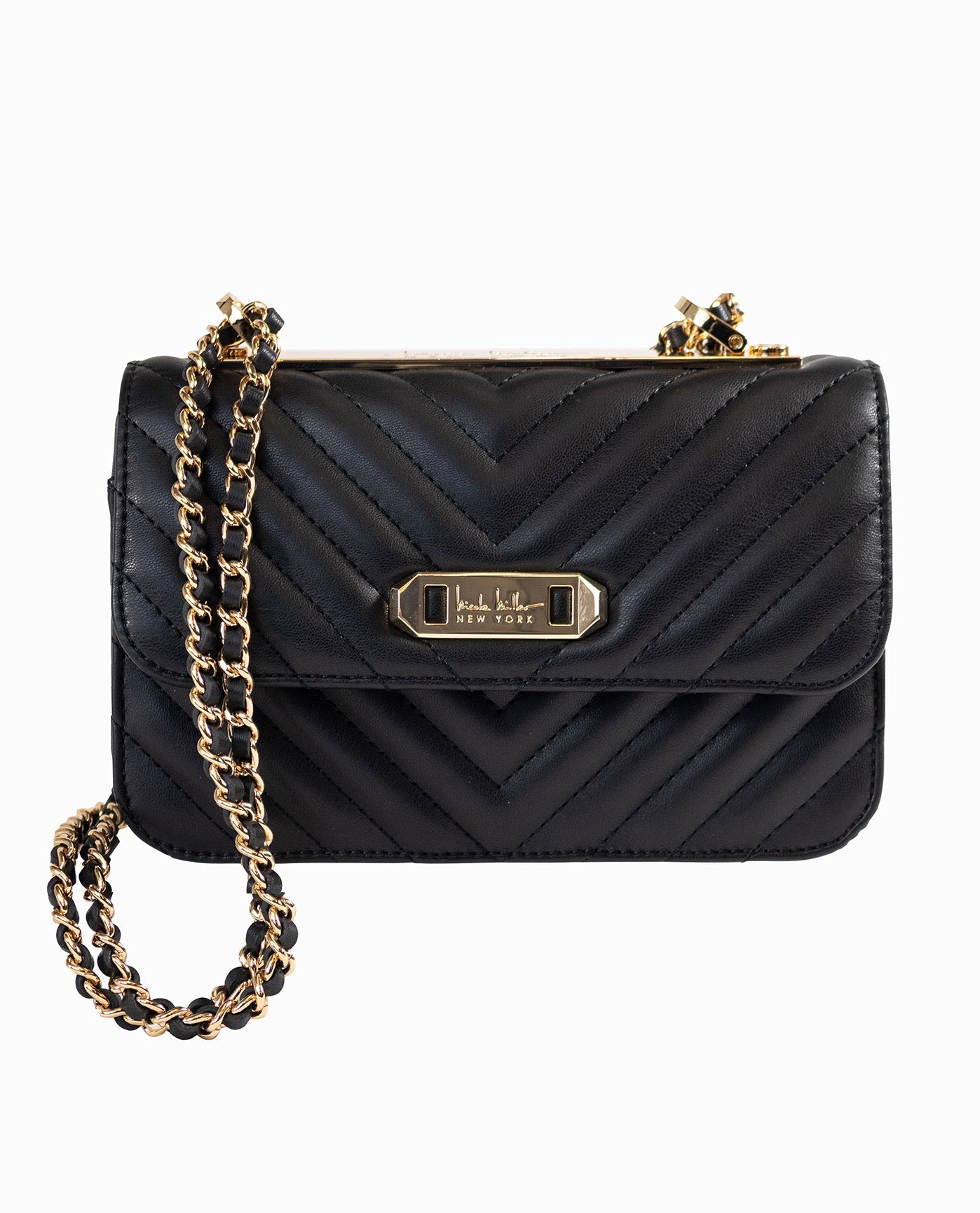 Front View Of Nicole Miller Quilted Crossbody Shoulder Bag | NM BLACK