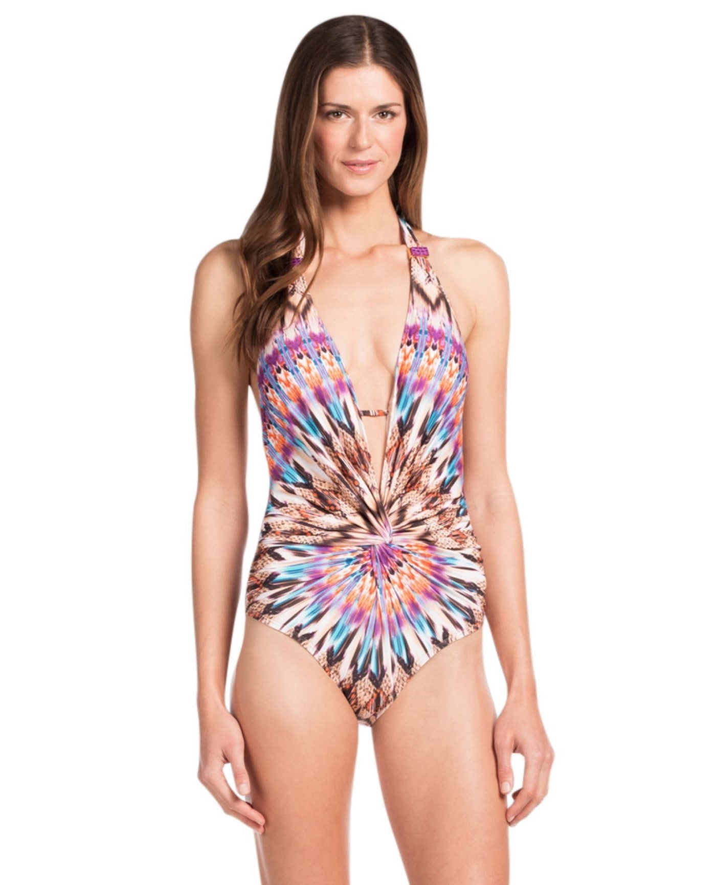 Front View of Kenneth Cole Miss Mojave V-Plunge Halter One Piece Swimsuit | KKC MOJAVE