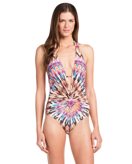 Front View of Kenneth Cole Miss Mojave V-Plunge Halter One Piece Swimsuit | KKC MOJAVE