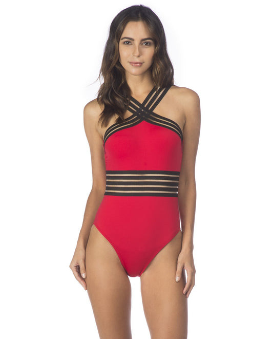 Front View of Kenneth Cole New York Stompin' In My Stiletto'S Red High Neck One Piece Swimsuit | KKC RED