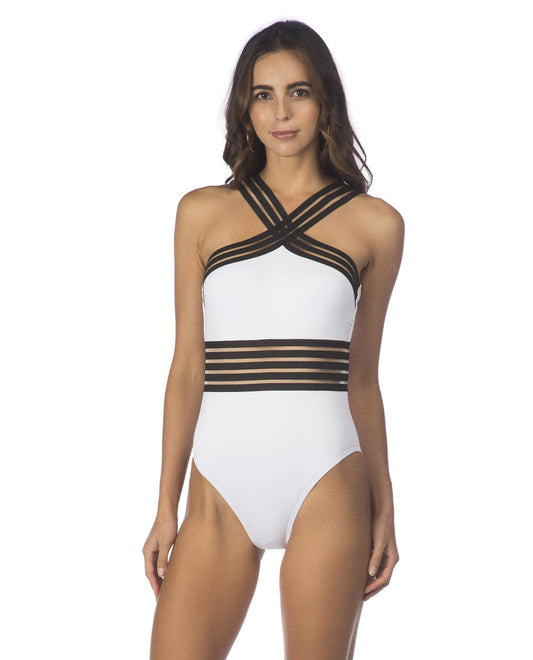 Front View of Kenneth Cole New York Stompin' In My Stiletto'S White High Neck One Piece | KKC WHITE