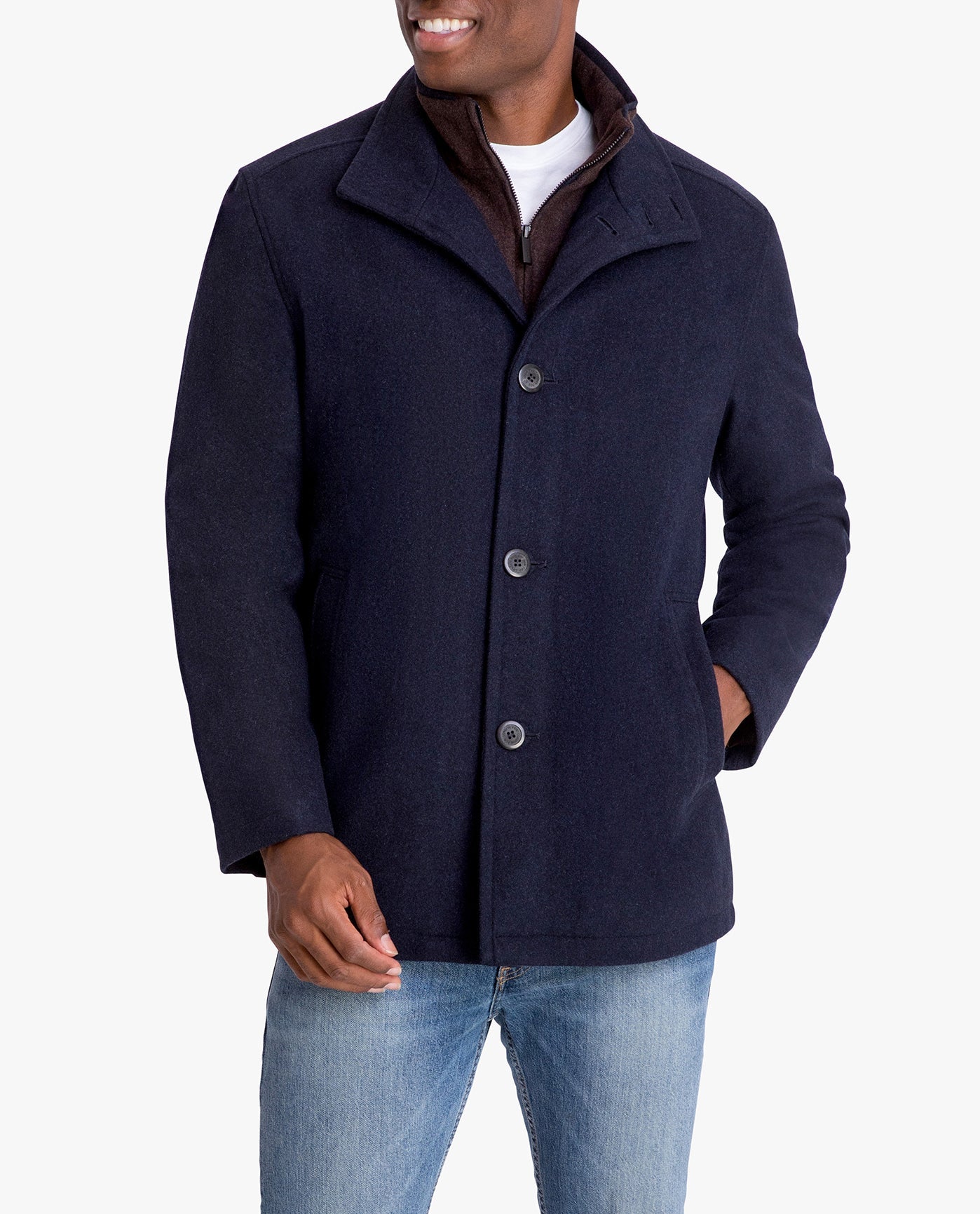 Side View of London Fog Amherst Button Front Wool Jacket | LF NAVY HEATHER