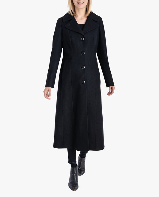Front View of London Fog Single Breasted Maxi Peacoat | LF BLACK