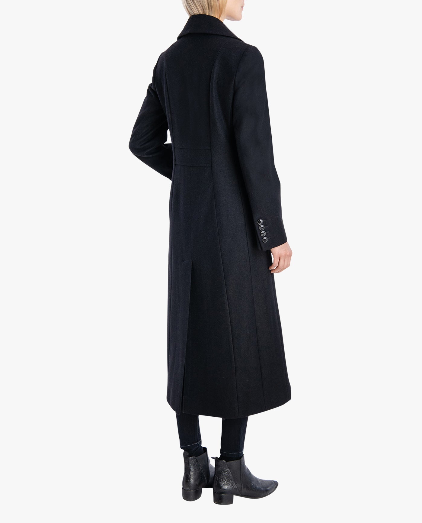 Back View of London Fog Single Breasted Maxi Peacoat | LF BLACK