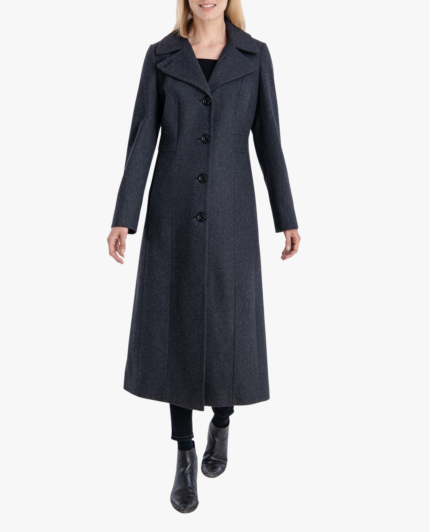 Front View of London Fog Single Breasted Maxi Peacoat | LF CHARCOAL