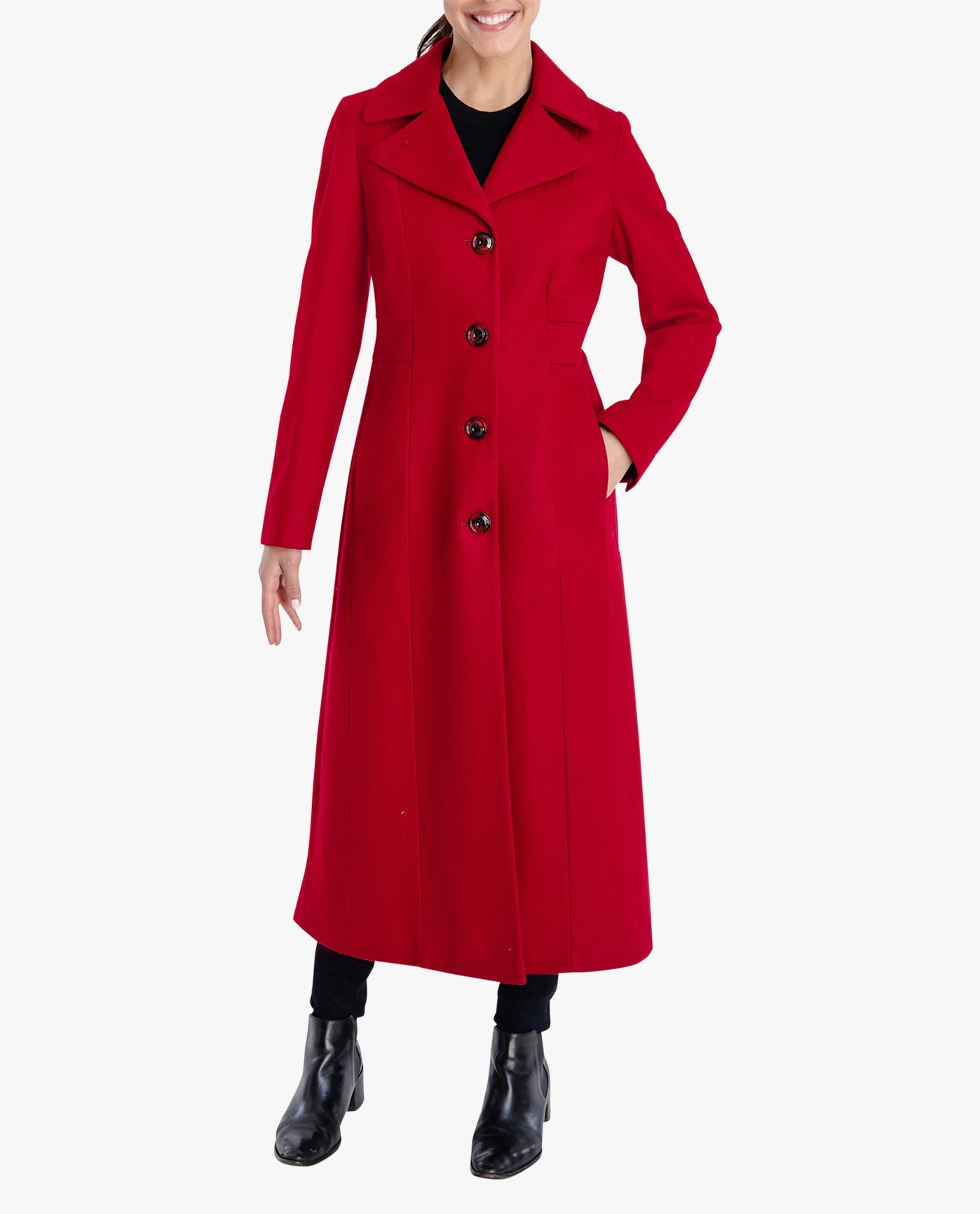 Front View of London Fog Single Breasted Maxi Peacoat | LF RED