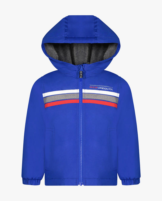 Front View of London Fog Toddler Boys Zip Front Hooded Sporty Stripe Raincoat | LF BLUE