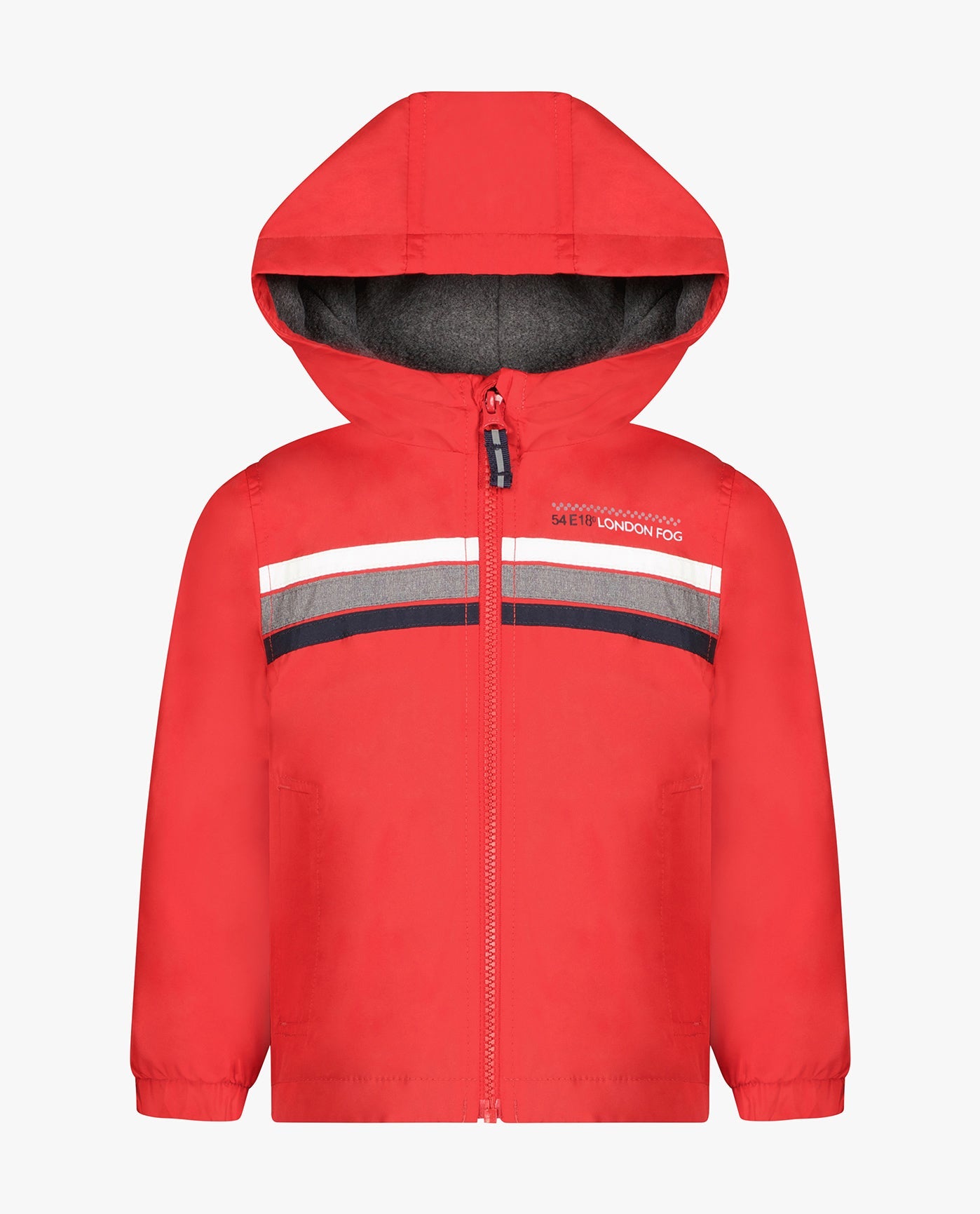 Front View of London Fog Toddler Boys Zip Front Hooded Sporty Stripe Raincoat | LF RED