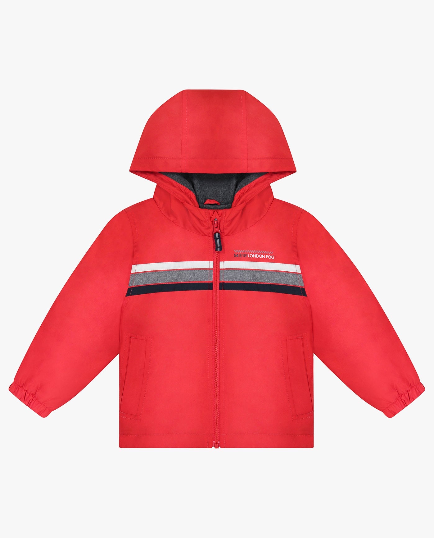 Alternate Front View of London Fog Toddler Boys Zip Front Hooded Sporty Stripe Raincoat | LF RED